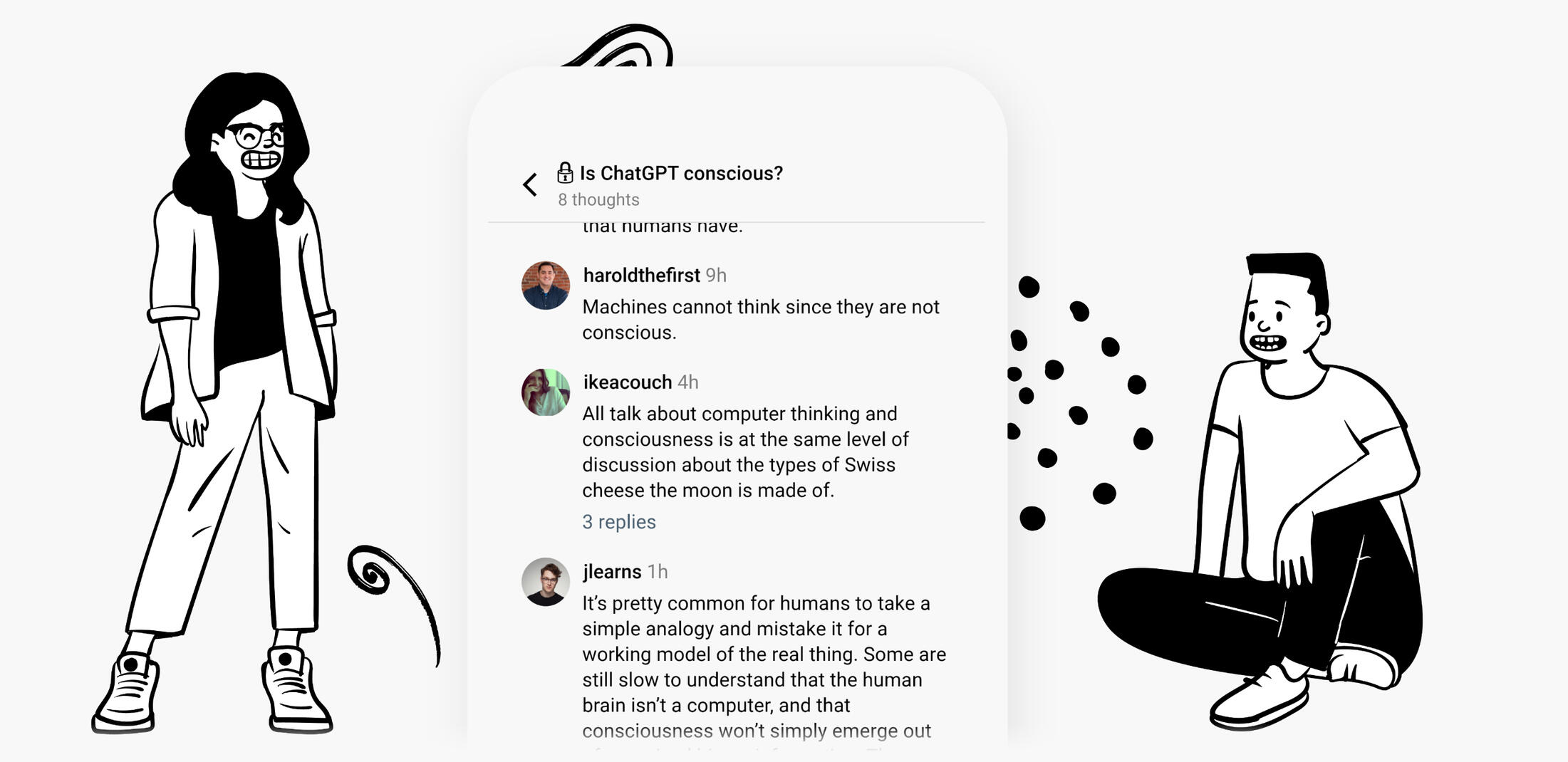 Two people--one sitting on the ground and one sitting in a wheelchair--posing next to an image of a phone with the Hideout app on the screen. The background is filled with sketches of stars, arrows, swirls and rainbows in black and white.
