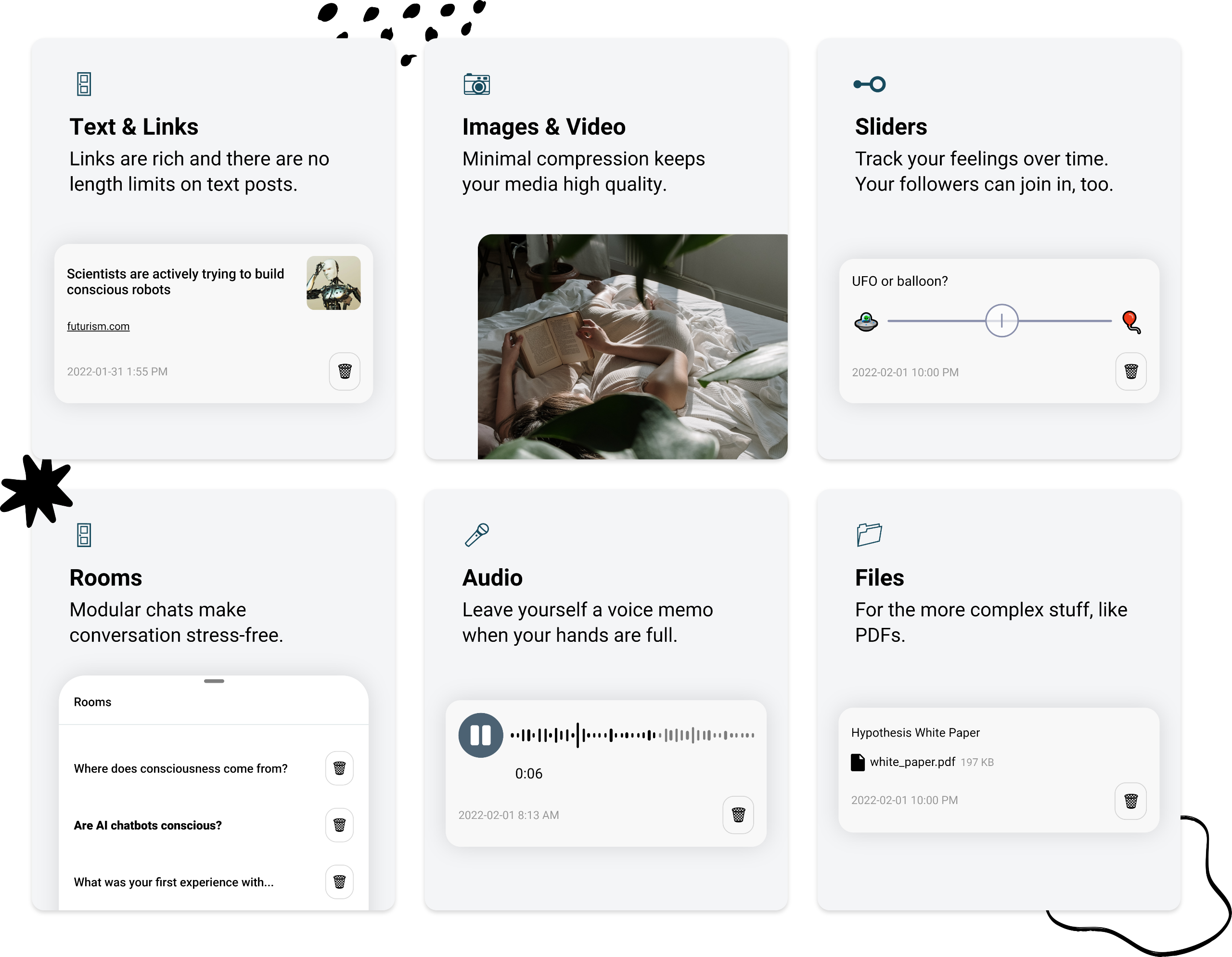 Two people--one sitting on the ground and one sitting in a wheelchair--posing next to an image of a phone with the Hideout app on the screen. The background is filled with sketches of stars, arrows, swirls and rainbows in black and white.